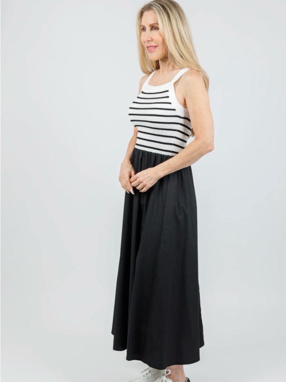 Moon River Black and White Striped Midi Dress